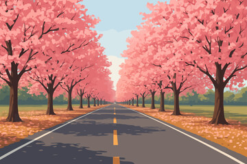 The image depicts a beautiful road lined with rows of cherry blossom trees in full bloom. The trees, covered in soft pink flowers, create a tunnel-like view stretching into the distance. Pink petals a
