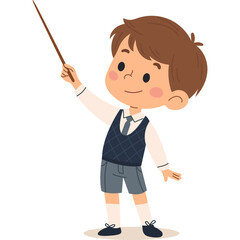 Cute young boy in school uniform holding a pointer stick and gesturing with a smile against a clean white background educational concept
