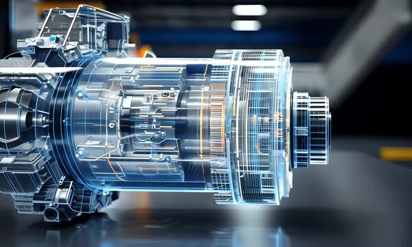 Futuristic electric motor with holographic projection display showcasing advanced technology and innovation in a dark modern studio setting