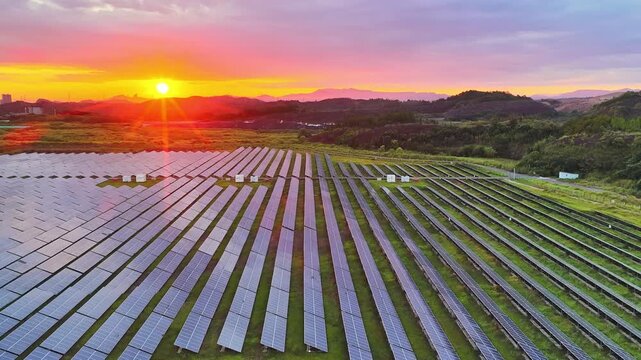 Aerial view of a beautiful sunrise powered by solar panels