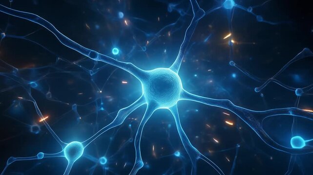 Animated neural network with glowing data pulses traveling across interconnected nodes, deep blue sci-fi atmosphere, clean loop for AI or tech background use