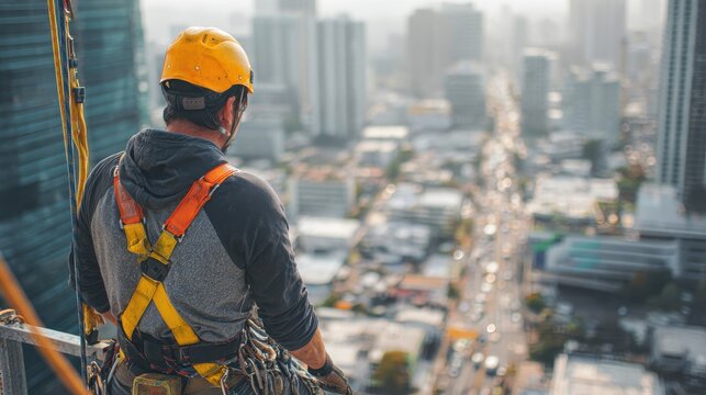 A construction worker at heights uses safety gear occupational safety practices employ controls to reduce hazards