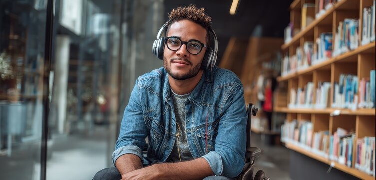 Attractive young disabled student in a wheelchair wearing headphones gazes at the camera in a contemporary library or bookstore