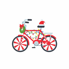 Flat vector festive bicycle adorned with christmas lights and wreath decoration
