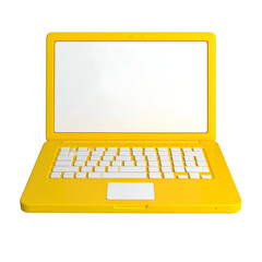 Bright yellow laptop computer, open with a blank screen, on a black background