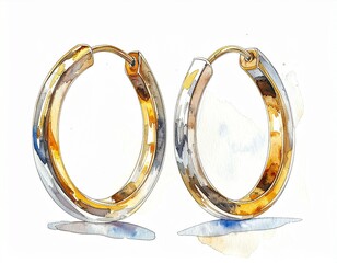 Statement jewelry: bold and modern design hoop earrings with glossy metallic reflections, rendered in an artistic watercolor medium