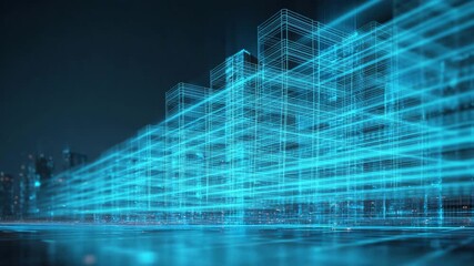 Futuristic digital city skyline with glowing blue holographic buildings and smart technology network background - Powered by Adobe