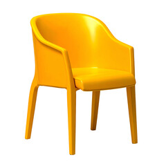 Bright yellow plastic chair with curved back and armrests, on a dark background