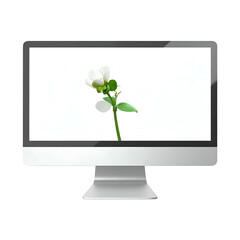 Desktop display shows a close-up of a white flower with green leaves