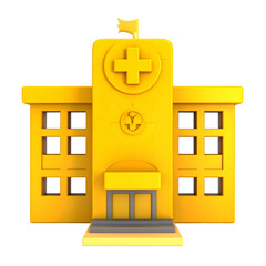 Gold-toned stylized illustration of a hospital building with a cross symbol on top