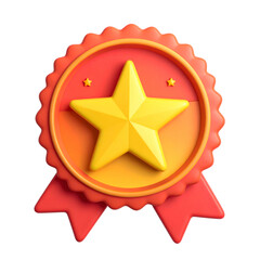 Rendered badge with a golden star, red ribbon, and scalloped edges, isolated