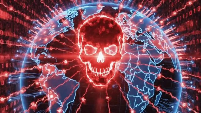 Glowing Red Skull Hacking Alert Over Digital World Map Animation