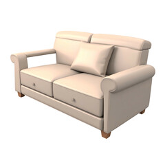 Two-seater, plush, cream-colored sofa with a single pillow. Isolated on black