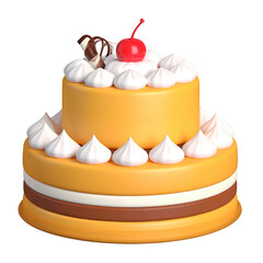 Two-tiered cake with meringue, cherry, and dog figure on a transparent background