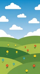 Fototapeta premium Vibrant Cartoon Landscape with Rolling Green Hills and Colorful Wildflowers Under a Bright Blue Sky.