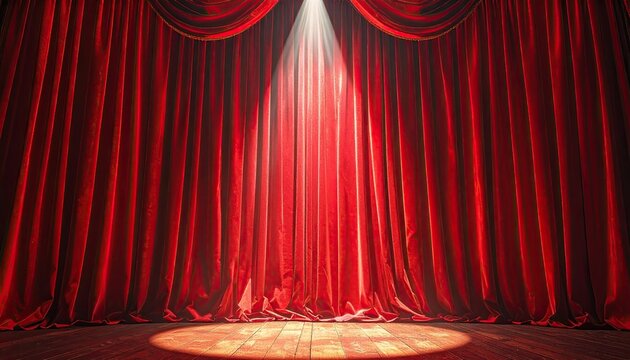 Elegant Red Velvet Stage Curtains Illuminated by a Spotlight Creating a Dramatic Atmosphere with Sparkling Confetti on the Floor - Powered by Adobe
