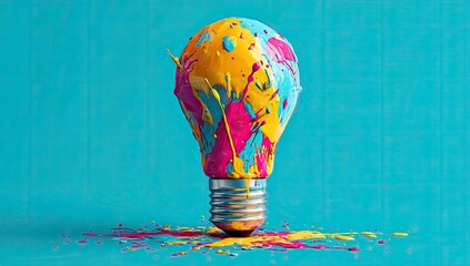 A lightbulb is painted with colorful splashes on a bright blue background, signifying creativity