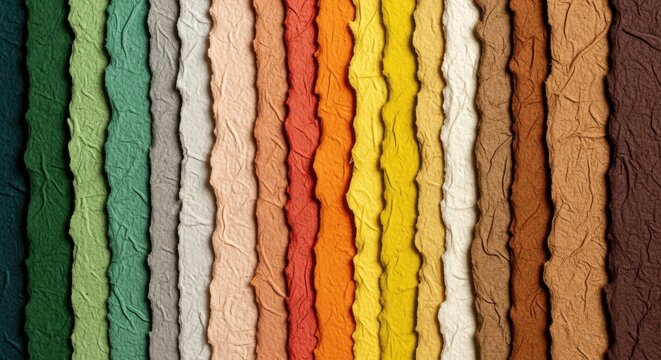 A closeup, full frame view of a colorful array of textured fabric swatches arranged vertically in a rainbow of colors