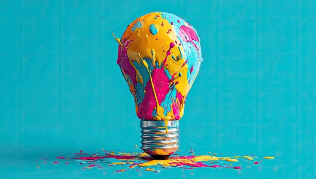A lightbulb is painted with colorful splashes on a bright blue background, signifying creativity