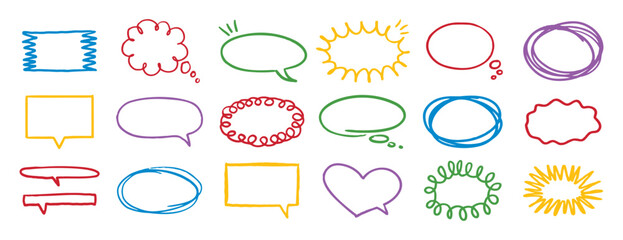 Obraz premium Colorful outline speech bubble set. pencil message form or clouds. Grunge style line frames.