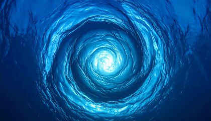 Abstract Blue Water Vortex Swirling Downwards with Light at Center.