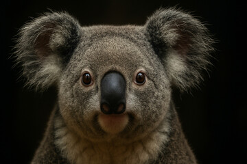 A detailed, close-up portrait of a koala's face against a solid black background © Maya