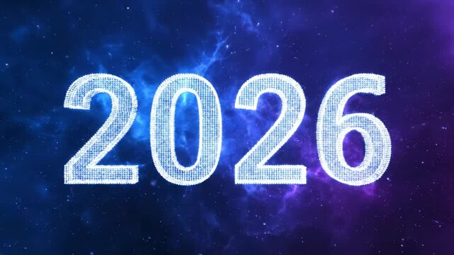 Digital year two zero twenty six number display with blue and purple cosmic nebula background for future concept