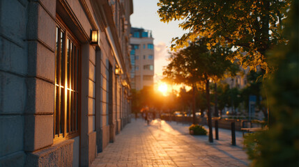 Fototapeta premium Bright Cinematic Still of European Street at Sunset