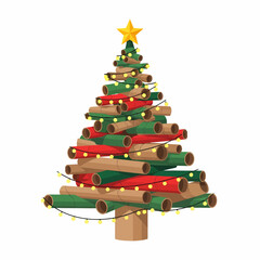 Cartoon vector quirky christmas tree made from paper tubes design