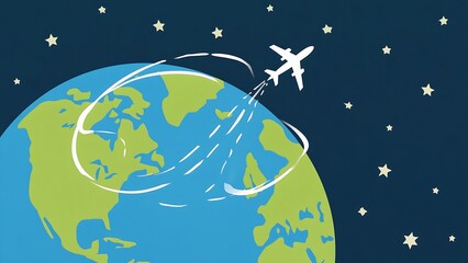 A whimsical illustration of an airplane soaring above the earth, symbolizing travel, adventure, and the exploration of the world