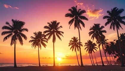 Vibrant Tropical Sunset Over Calm Ocean With Silhouetted Palm Trees Lining Sandy Beach Creating A Peaceful And Idyllic Atmosphere