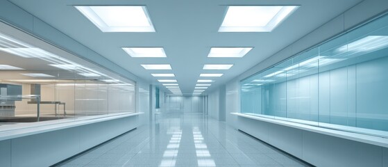 Modern Futuristic Hallway with Glass Walls and Skylights in Minimalist Office Interior Design