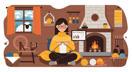 A cozy scene of a woman knitting by the fire in a rustic cabin with a sheep