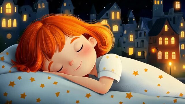 Dreamy illustration of a girl sleeping peacefully in a star-patterned bed at night.