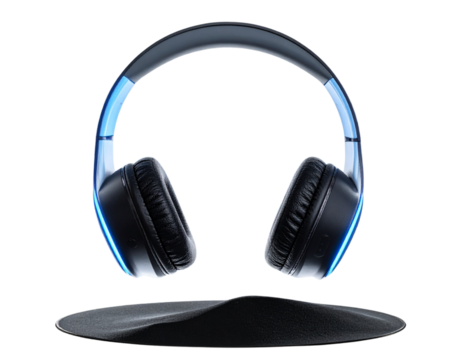 Angled View of Wireless Headphones with LED Accent Light, floating on dark backdrop, isolated