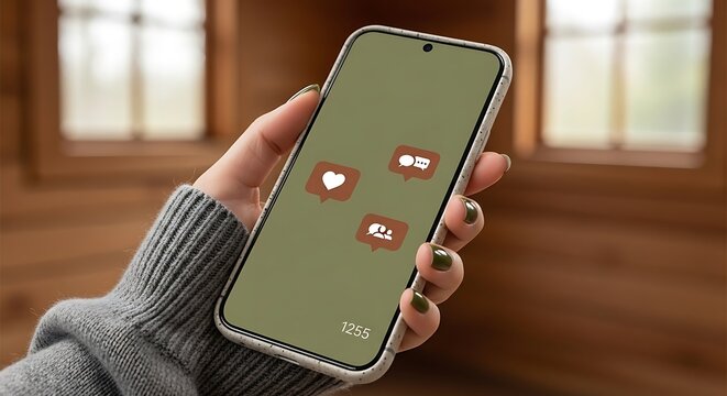 Smartphone displaying social media icons held by a person.