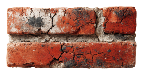 Cracked red brick building material textured isolated on transparent background