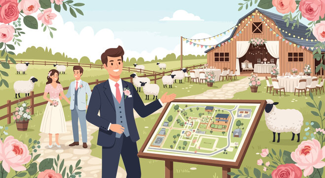 Charming countryside wedding venue illustration with rustic barn and outdoor celebration