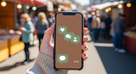 Smartphone displaying social media icons in a bustling outdoor market.