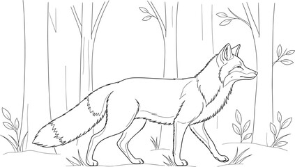 Obraz premium Fox in forest illustration—walking fox with bushy tail among trees and plants, serene wildlife scene, black-and-white line art vector