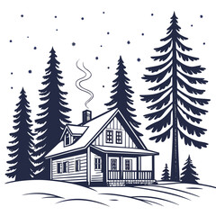 Obraz premium Winter cabin in the woods with snow falling