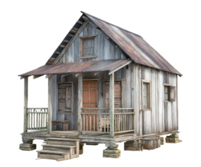Front view of quaint wooden cabin in rustic countryside isolated on transparent background