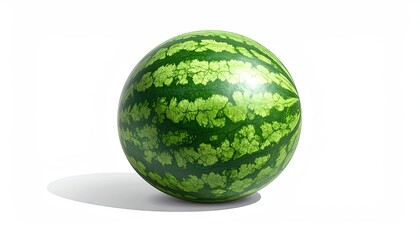 Whole Ripe Watermelon With Green Stripes Isolated On A White Background With Soft Shadow