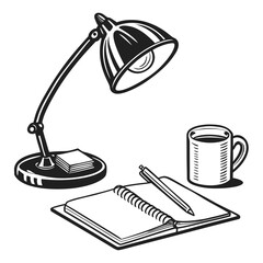 Illustration of a desk lamp, notebook, pen, and coffee