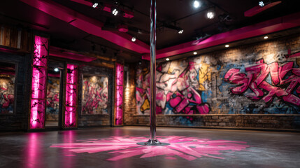 Vibrant Pink Dance Studio with Chrome Pole and Artistic Graffiti Walls