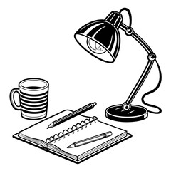 Desk lamp illuminates a notebook with pen and pencil