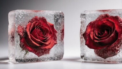 Frozen Roses - Red Roses Encased in Ice Cubes, Symbolizing Beauty and Preservation.