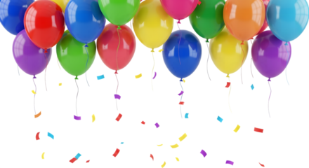 Brightly colored party balloons floating upwards with falling confetti isolated on transparent background