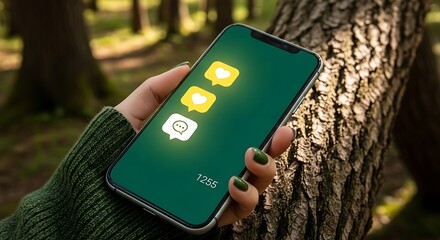 Smartphone displaying social media icons in a forest setting.