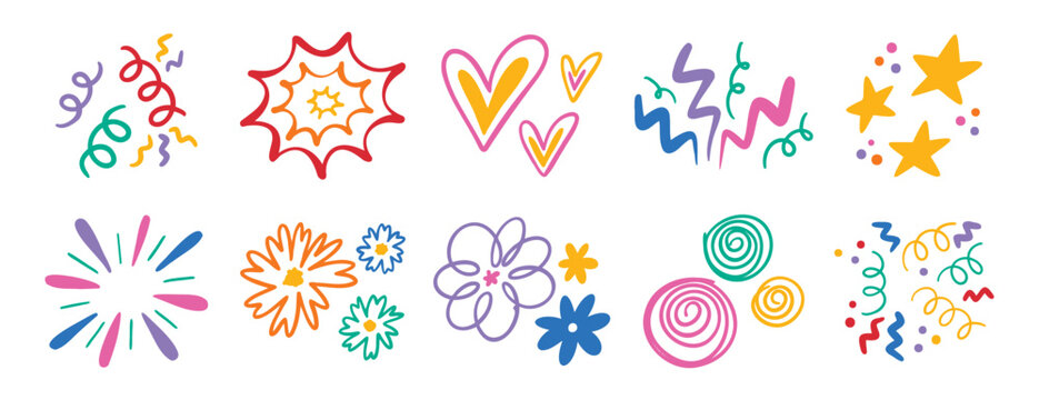 Naklejki Abstract cute shapes sticker curve set. Colorful funny element organic symbol. Doodle flower and heart, star and confetti, trendy lines cartoon drawing style. 